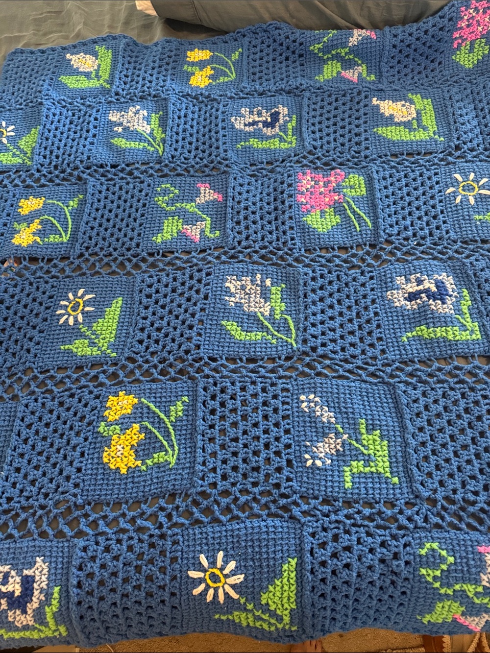 Handmade Blue Floral Crochet Blanket - Vintage Style